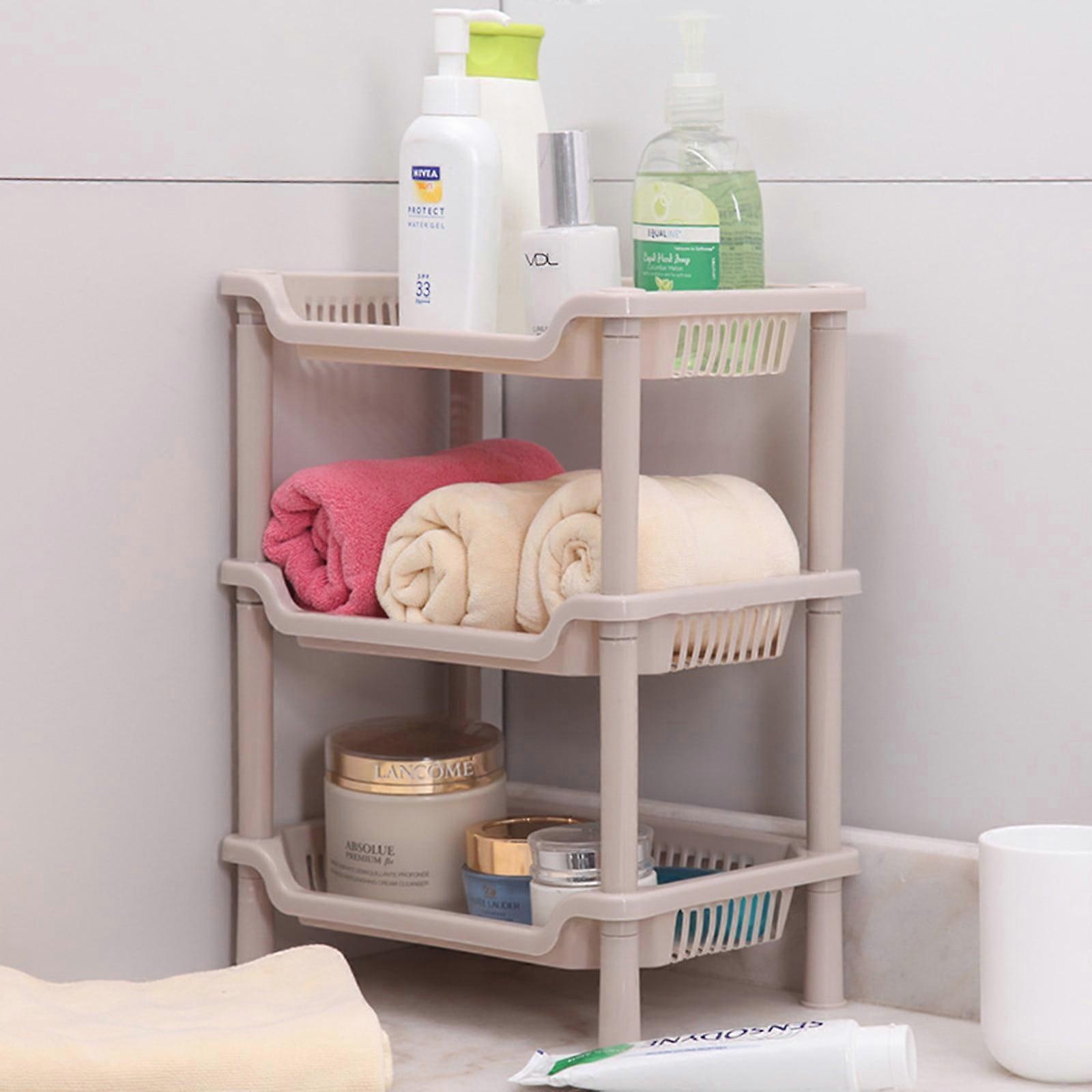 UNLLLL 3-Tier Rectangular Storage Rack, Mobile Plastic Shelving Unit for Bathroom & Kitchen, Floor Standing Organizer, Khaki