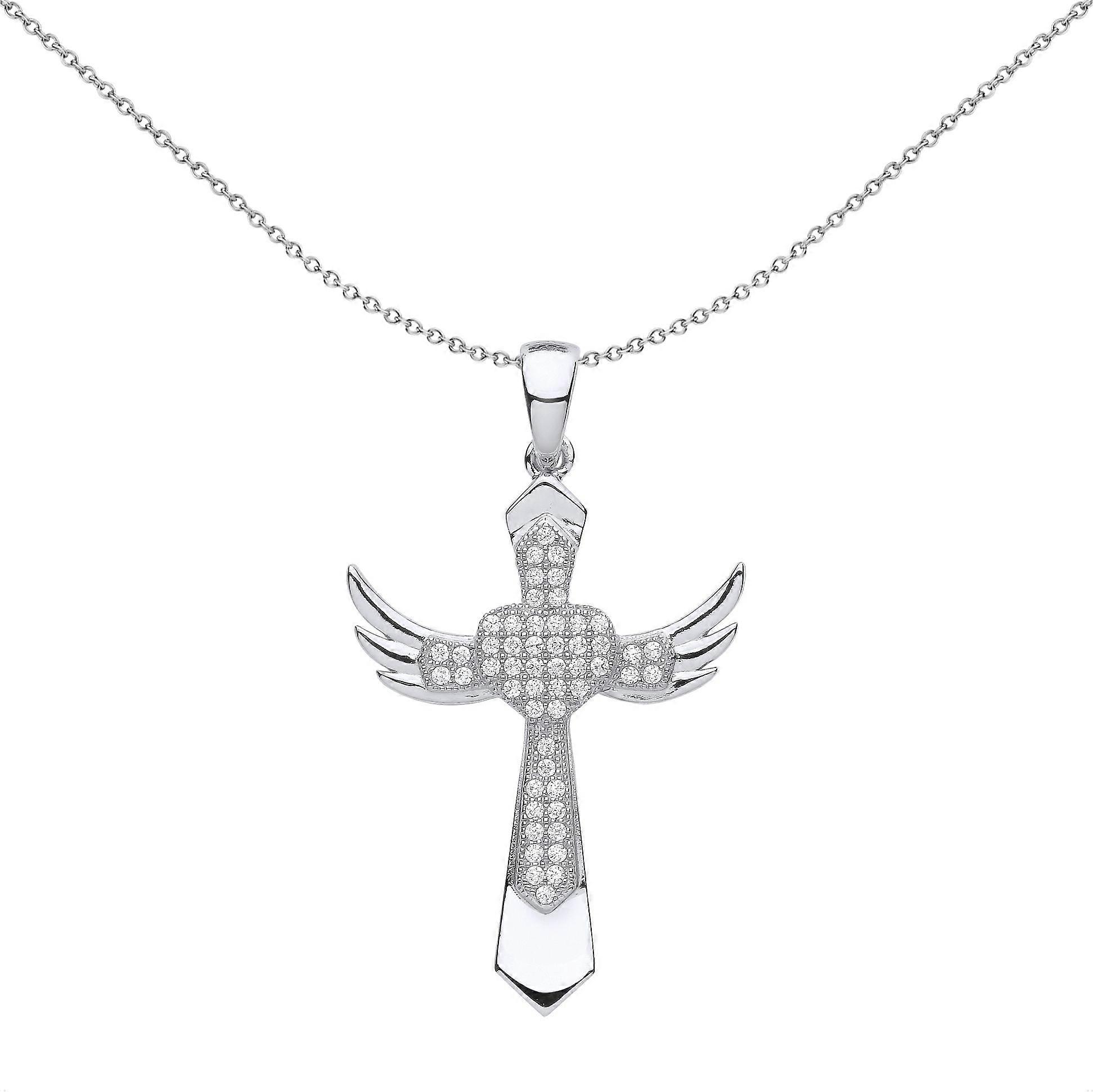 Jewelco London Unisex Rhodium Plated Sterling Silver CZ Love Heart Angel Wings Cross Pendant Necklace 18 inch