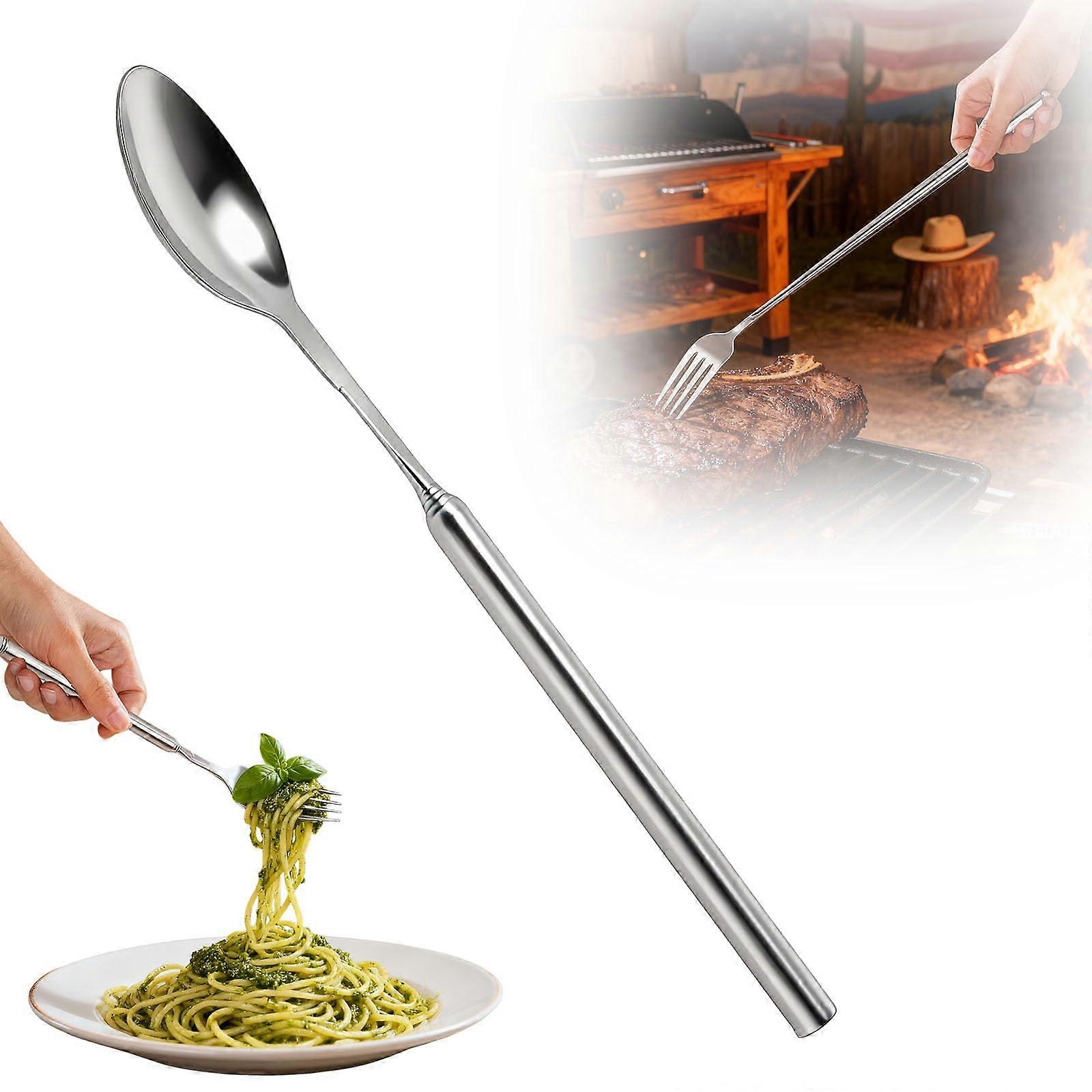 Stainless Steel Telescopic Fork and Extendable Spoon for BBQ Camping, Adjustable Long Handle 1pcs Ref:7066