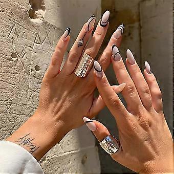 Heytea 24 Pcs Long Oval Press on Nails, Glossy Grey False Nails, Black Abstract Swirl Fake Nails with Design Full Cover Acrylic Nails for Women & Girl