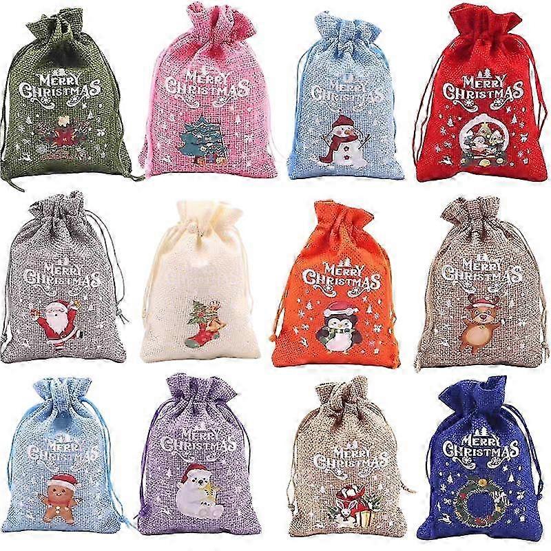 12Pcs Christmas Linen-Style Drawstring Gift Bag Set