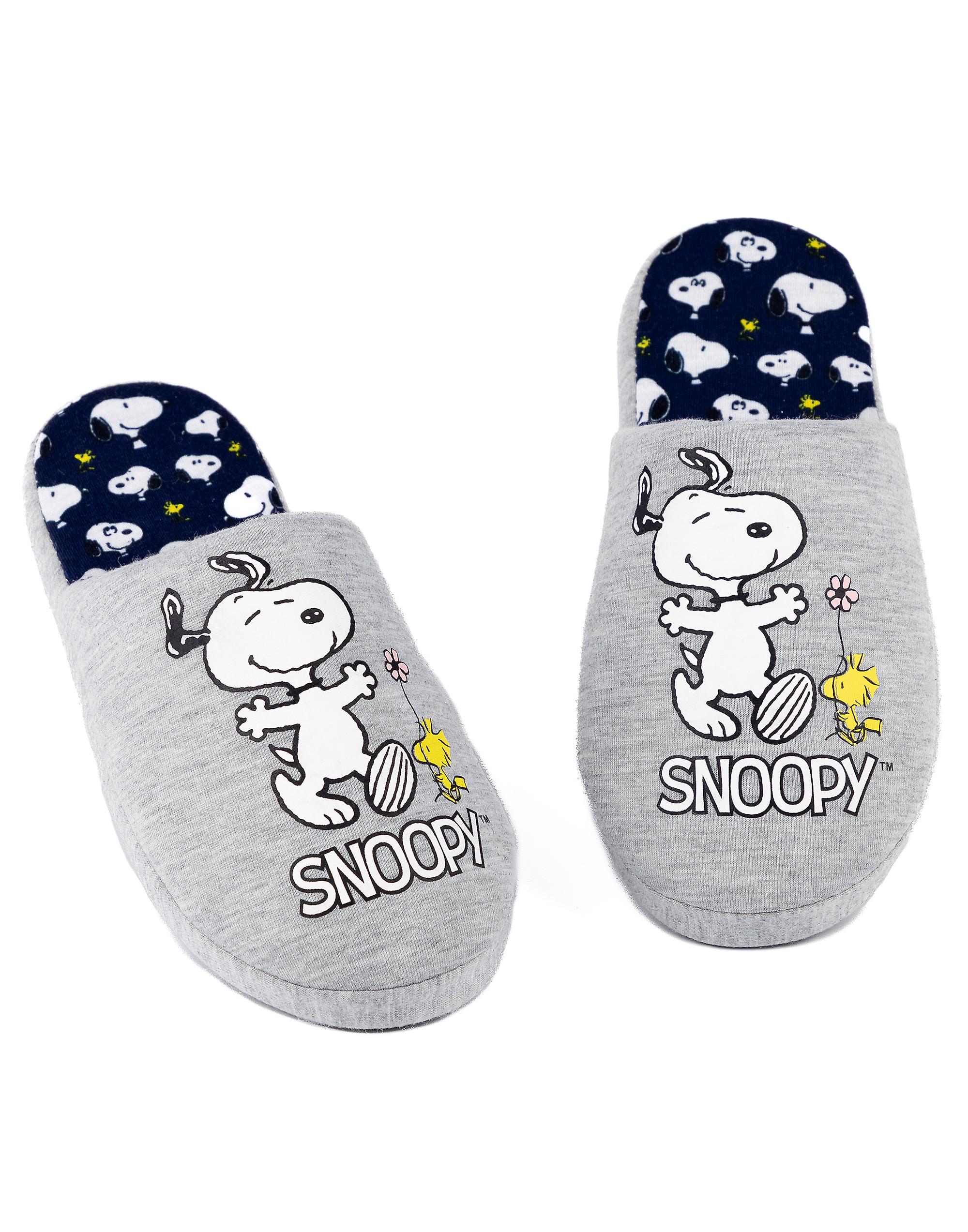 Peanuts Womens Mule Slippers Grey Characters and Scattered Print