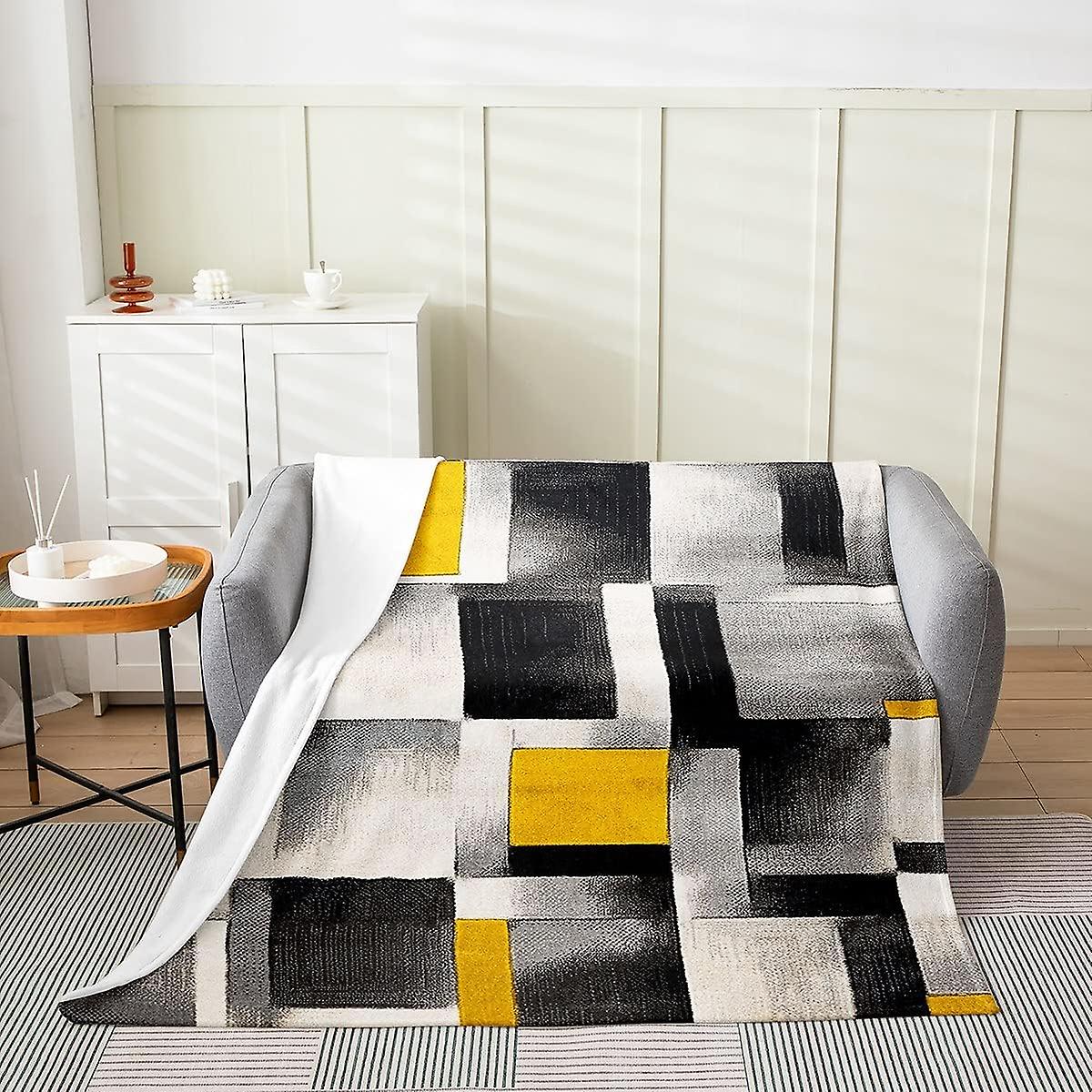 Geometry All Season,Bed Blanket Plaid Geometric Plush Throw Blanket, Yellow Grey Black Fleece Flannel Fuzzy Blanket for Abstract Art Double