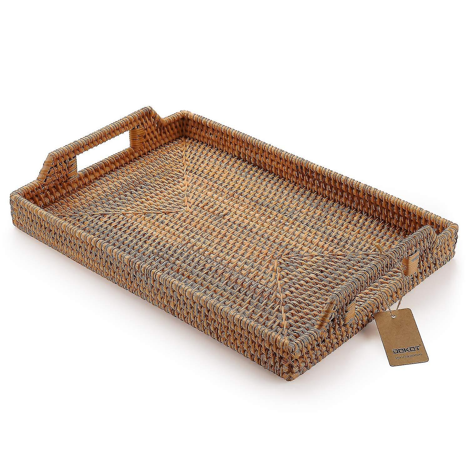 Serving Tray Rectangular Non-slip Tray With Handle, Rattan (natural, 37x26x3.5cm) fast