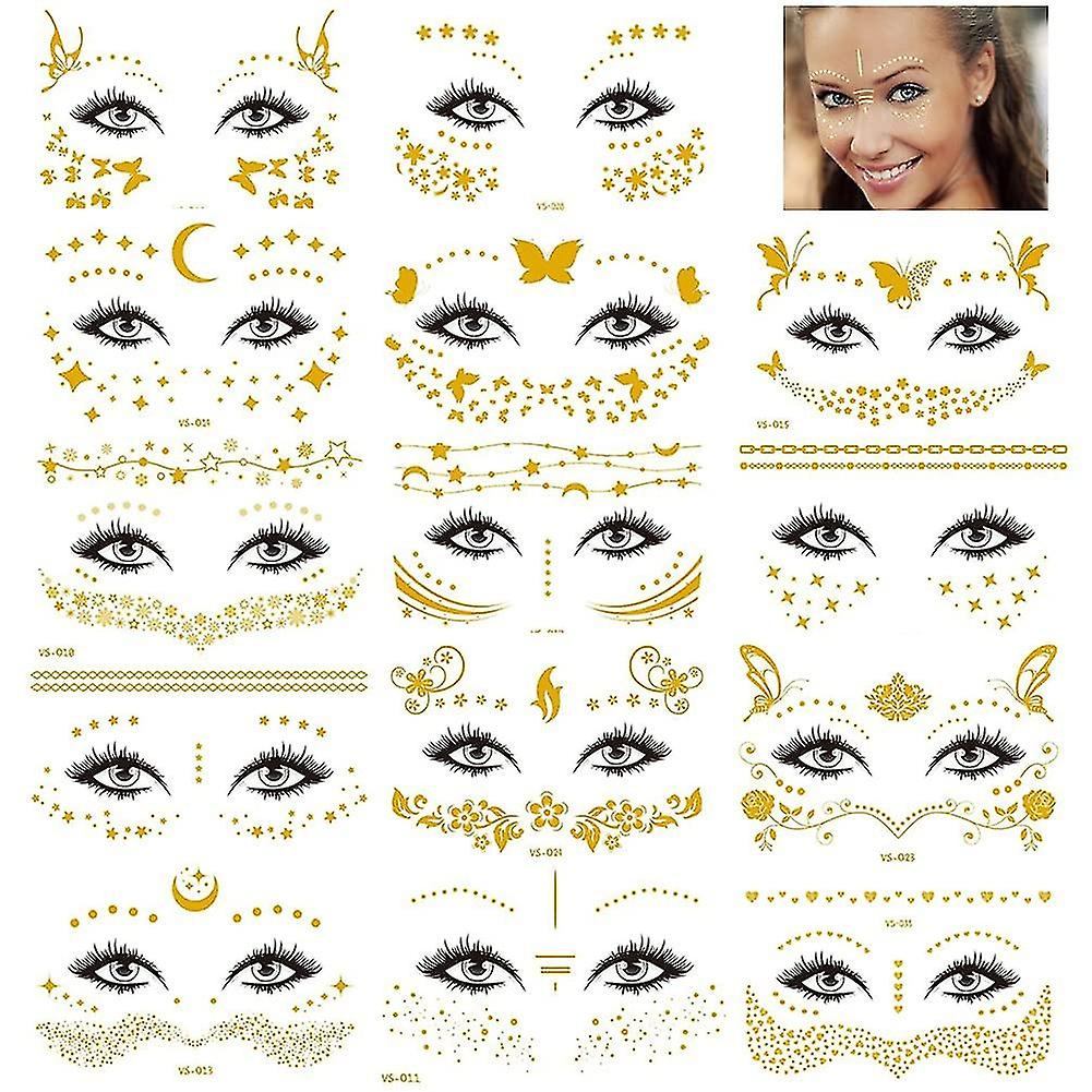 14 ورقة الوجه الوشم المؤقت ، ملصقات الوجه الذهب معدني مؤقت نقل بريق وشم وهمية