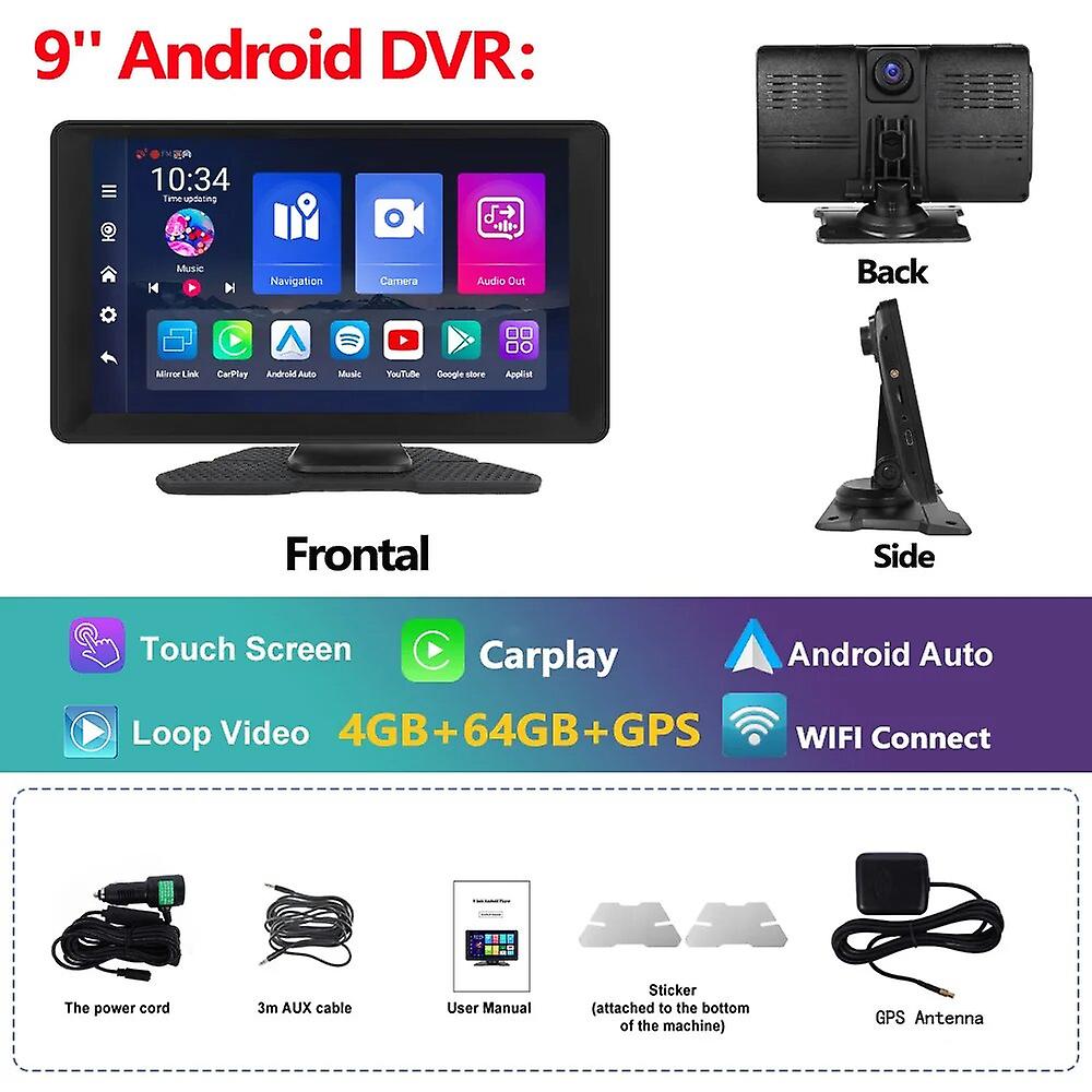9inch Car Dvr Dash Cam Android 13 Monitor 4+64g Carplay Screen Android Auto Monitor Car Dvr Dashboard Video Recorder
