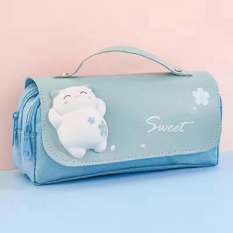 1 Pcs Trousse Scolaire Avec Poigne (Chat-Bleu), 3 Compartiment Trous
