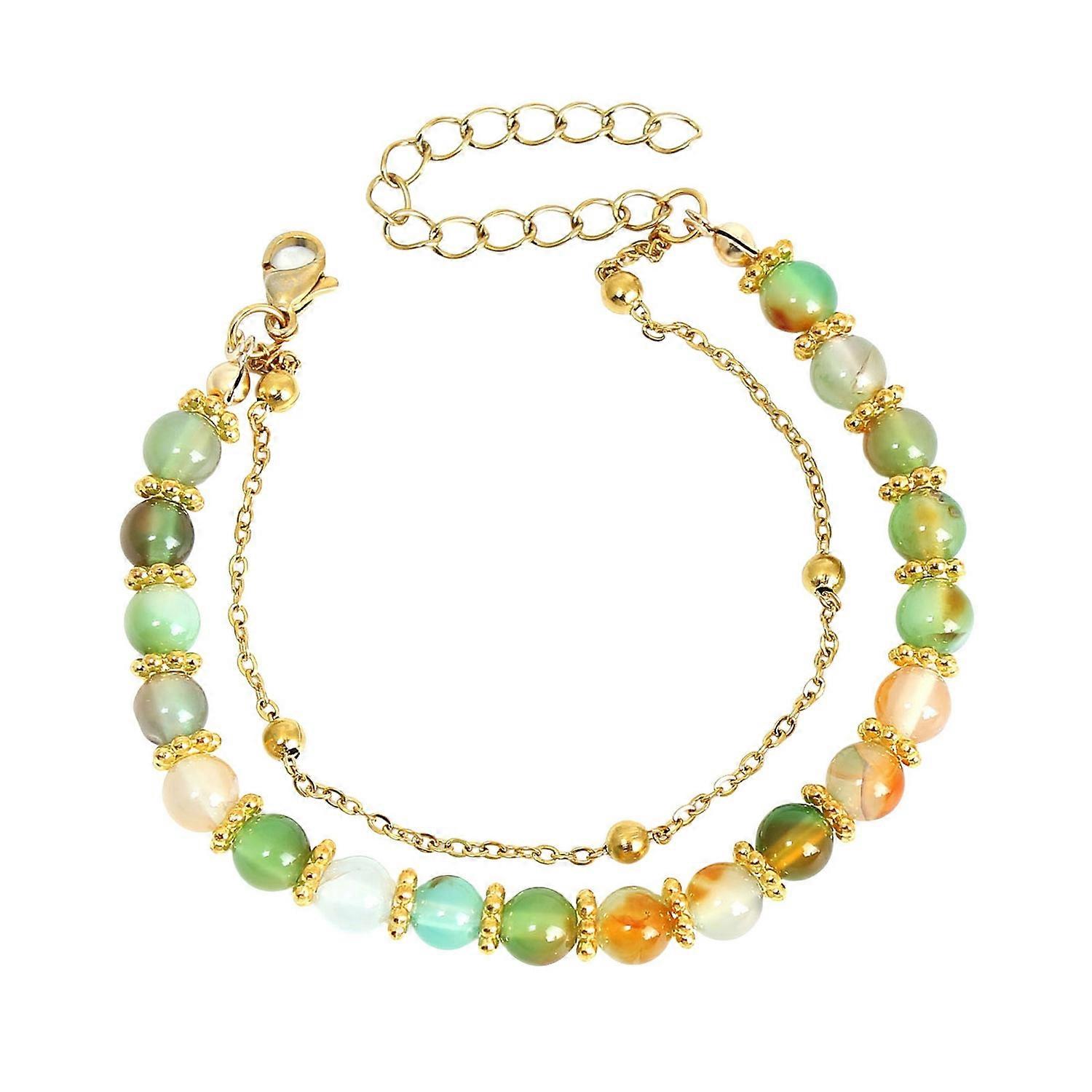 Women Bracelet Double Layer Smooth Natural Stone Retro Style Metal Chain Adjustable Extended Length