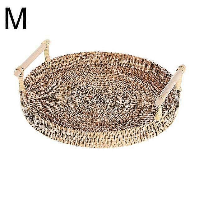 Plastic Wrap Handwoven Round Tray With Handle Fruit Basket Food Storage High Wall Severing Platters Brown