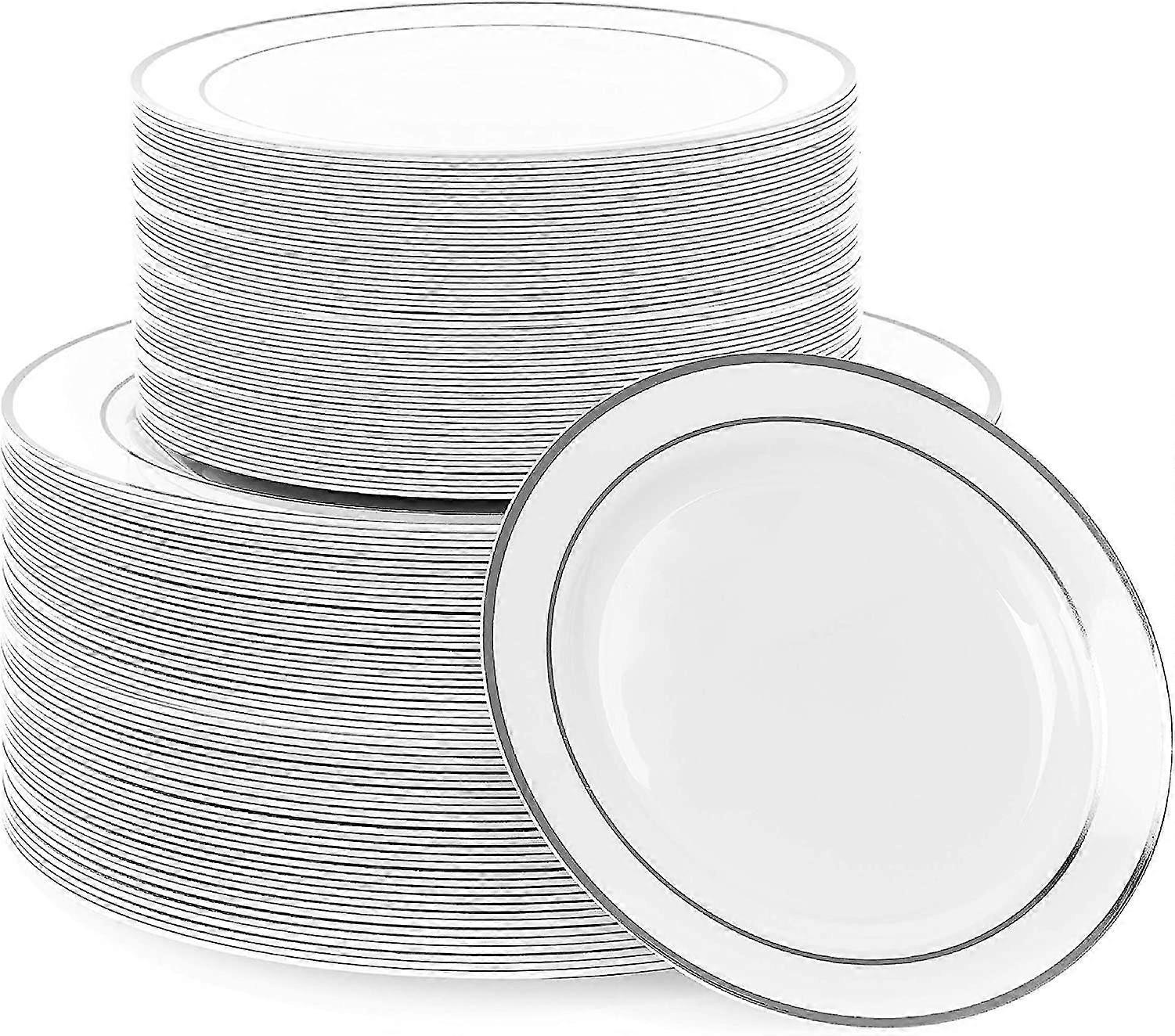 Unbreakable Multi-use Silver Rimmed Plastic Dinner & Dessert Party Plates10pcs