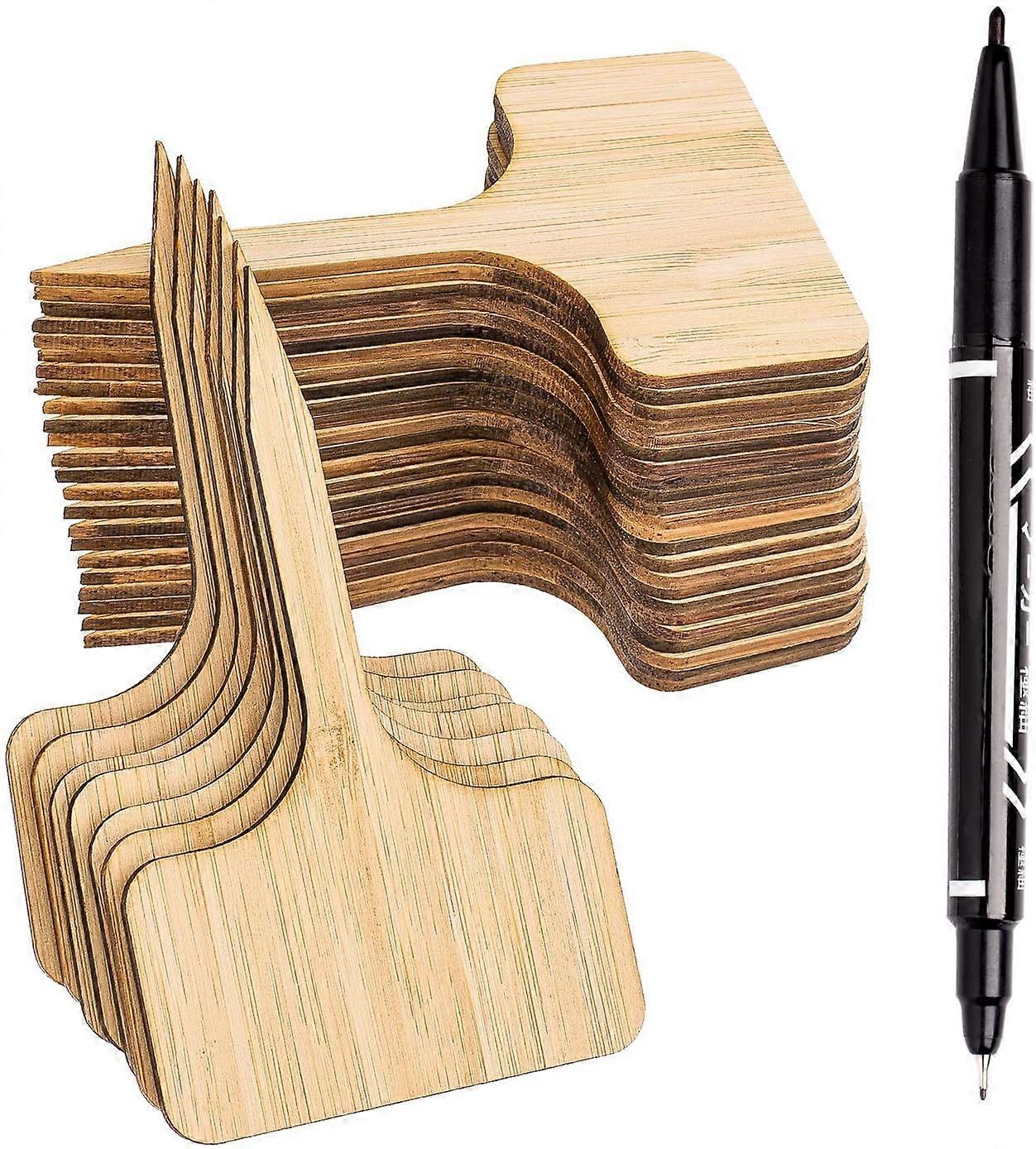 50 件竹植物标签带记号笔，植物标签木制 T 型花园标记，用于种子盆栽草药