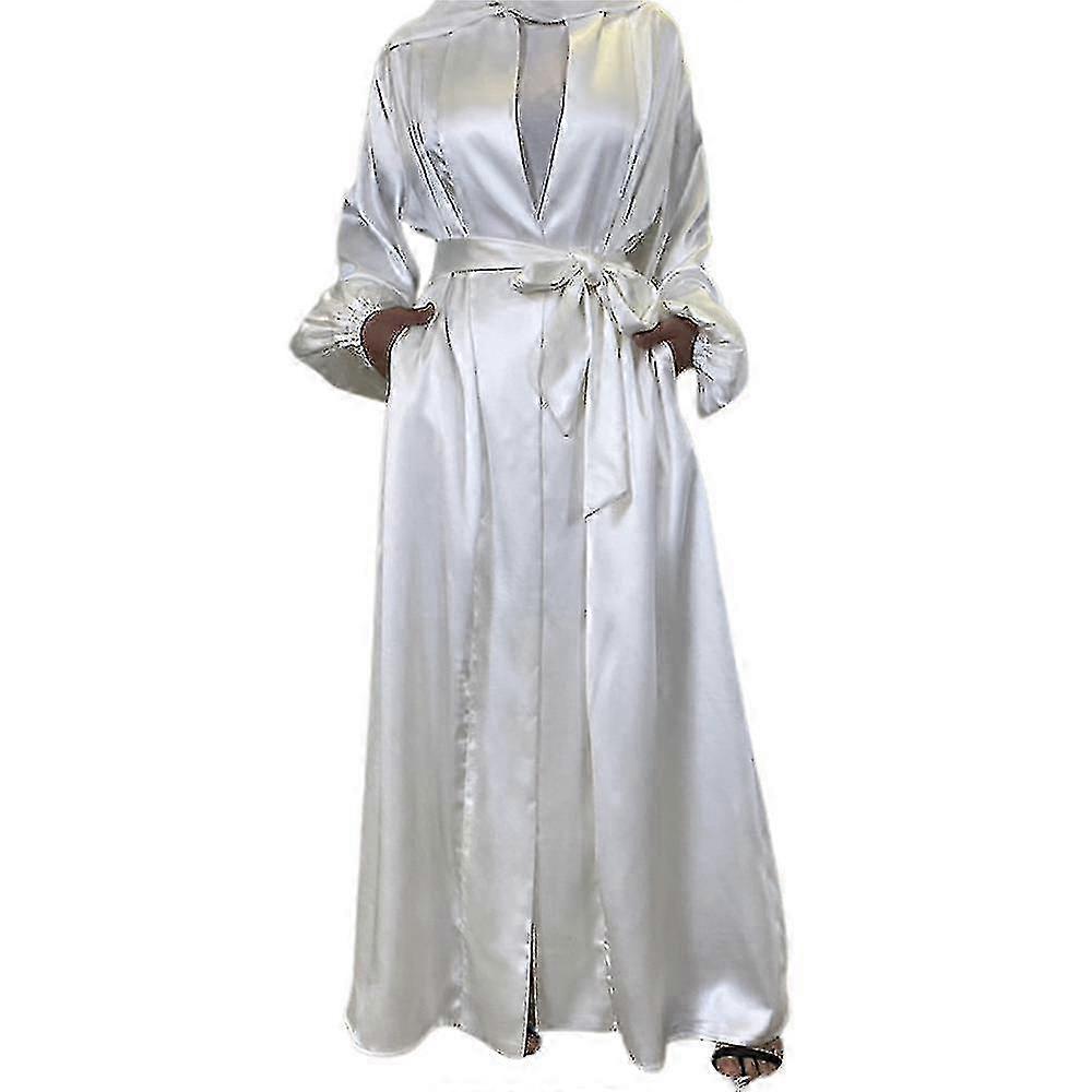 Ladies Plain Muslim Satin Robe Cardigan Islamic Abaya Kaftan Long Dress