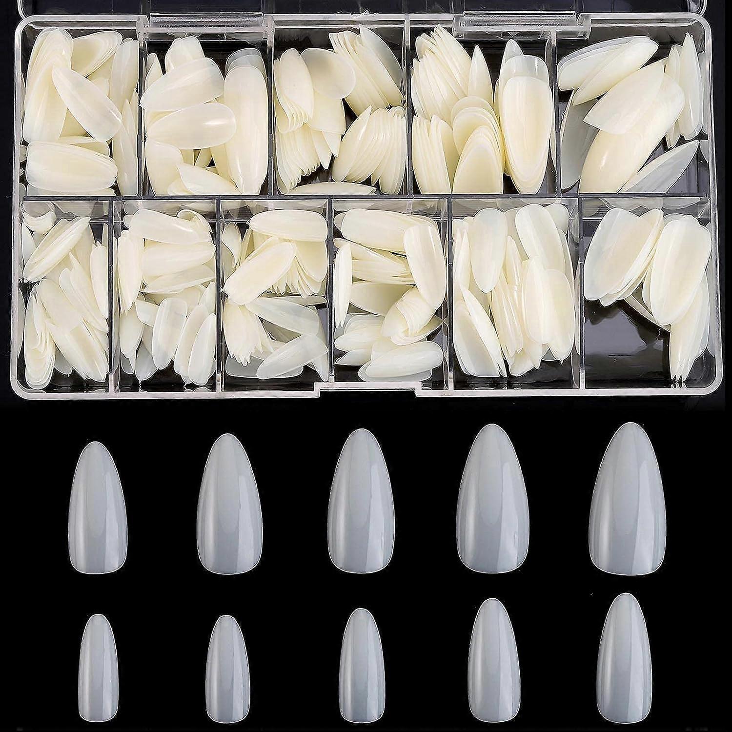 アーモンド型アクリルネイルチップ-500pcs偽のネイルチップフルカバーネイルDIYネイルアート用ケース付き、10サイズ