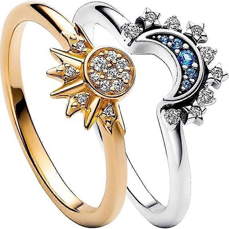 Sun and Moon Ring, 2Pcs Sparkling Sun Moon Pattern Rings, Gold/Silver Ring, Moon and Sun Shaped Ring, Friendship Ring, for Women, Couples