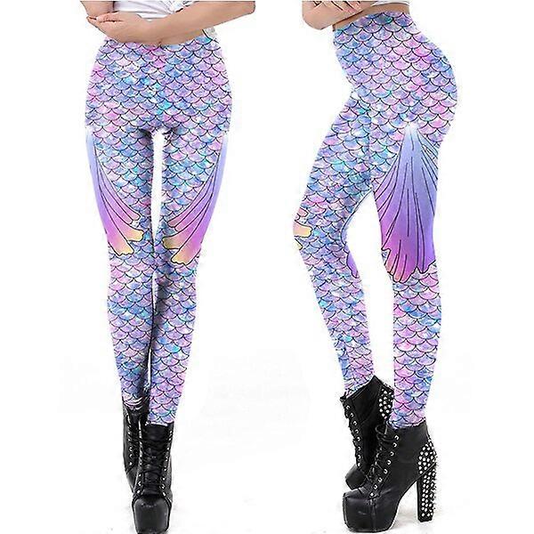 Womens Mermaid Leggings Shiny Fish Scale Printed Leggings Stretch Tight Pants Costume