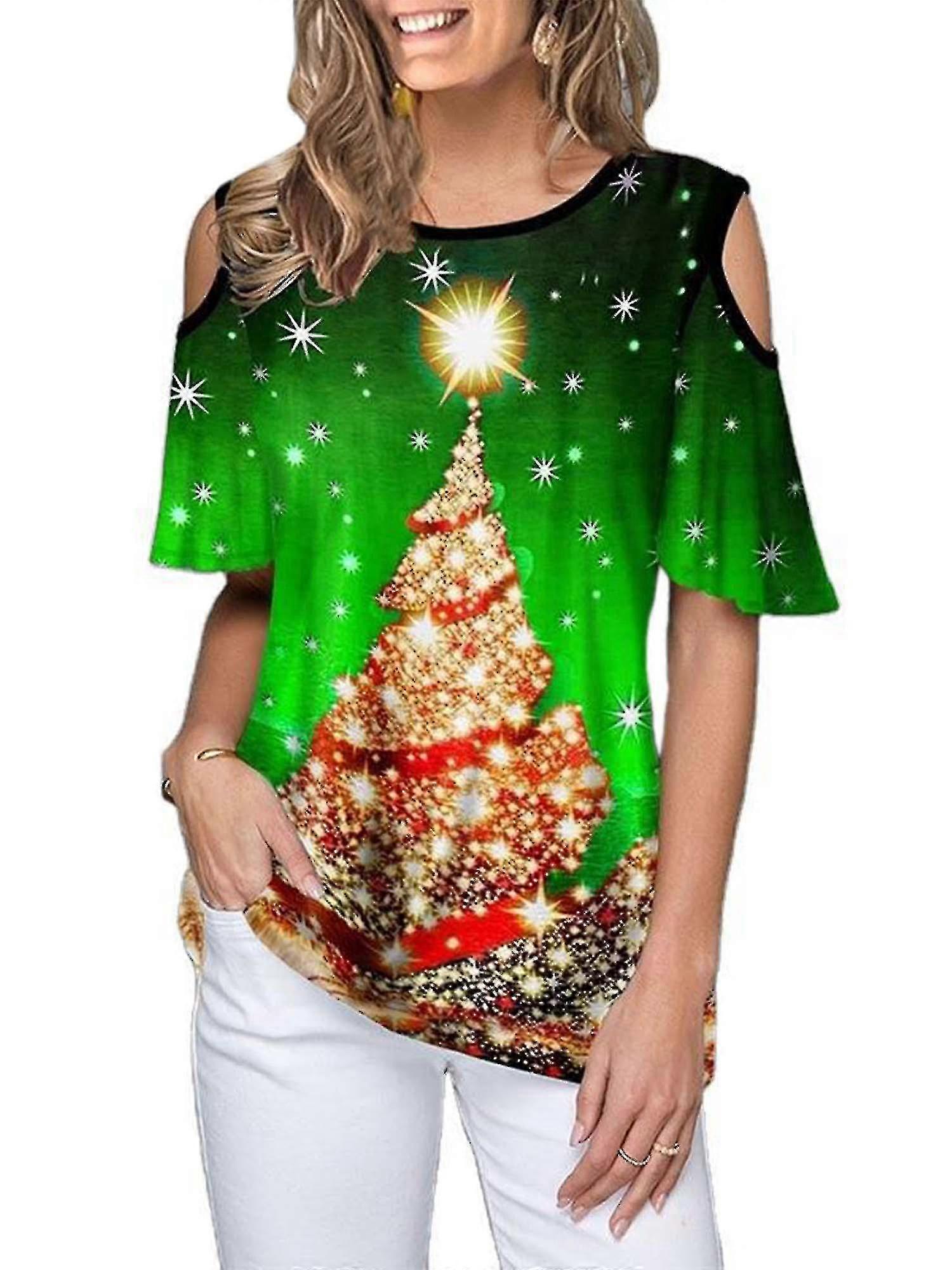 Women Christmas Tree Print Cold Shoulder T-shirt Short Sleeve Xmas Tops