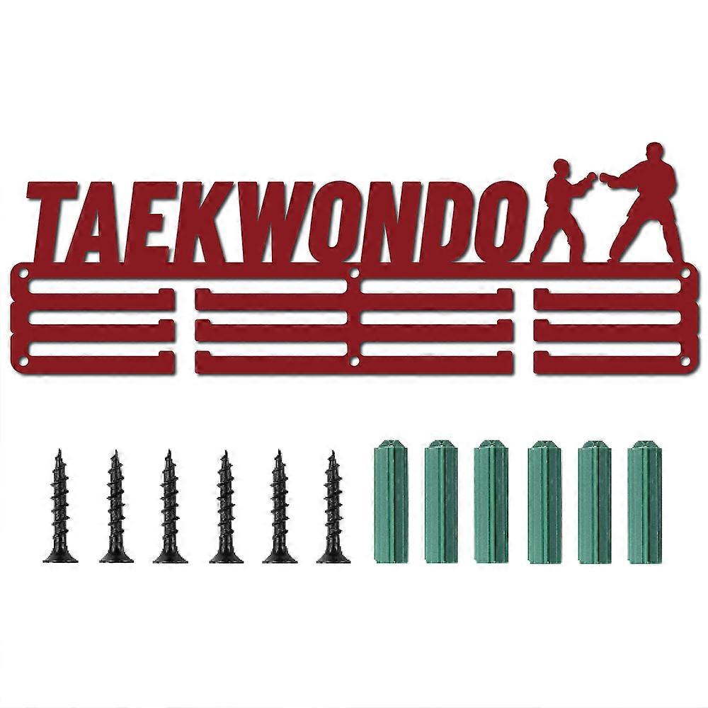 1Set Iron Medal Holder Frame Medals Display Hanger Rack with Screws Rectangle with Word TEAKWONDO Red 135x400mm