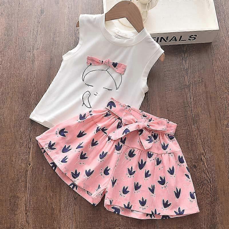Barnkläder set Sommar ärmlös T-shirt och tryck Rosett Shorts för flicka Barnkläder Barnkläder 3 5 7 årKIDS Outfit Sets