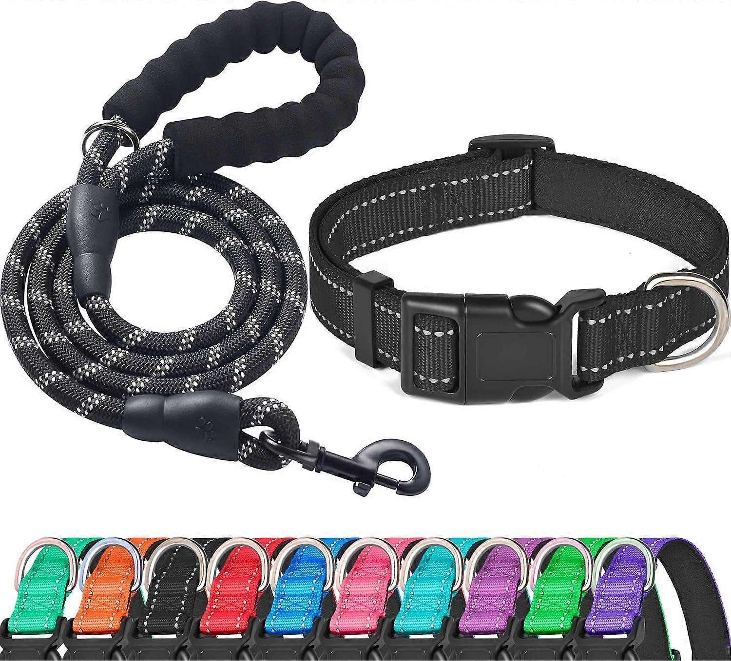 Reflective Dog Collar Padded with Soft Neoprene Breathable Adjustable Nylon Dog Collars (Large (Pack of 1), Vivid Black Collar+Leash)