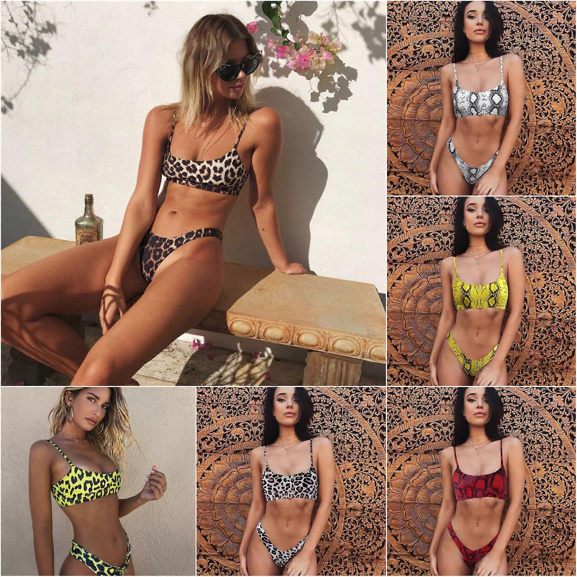 2024 Kvinnor Sexig Tvådelad Bikini Set Boho Leopard Ormskinn Tryck Baddräkt Remmar Push Up Vadderad Högt skuren Baddräkt