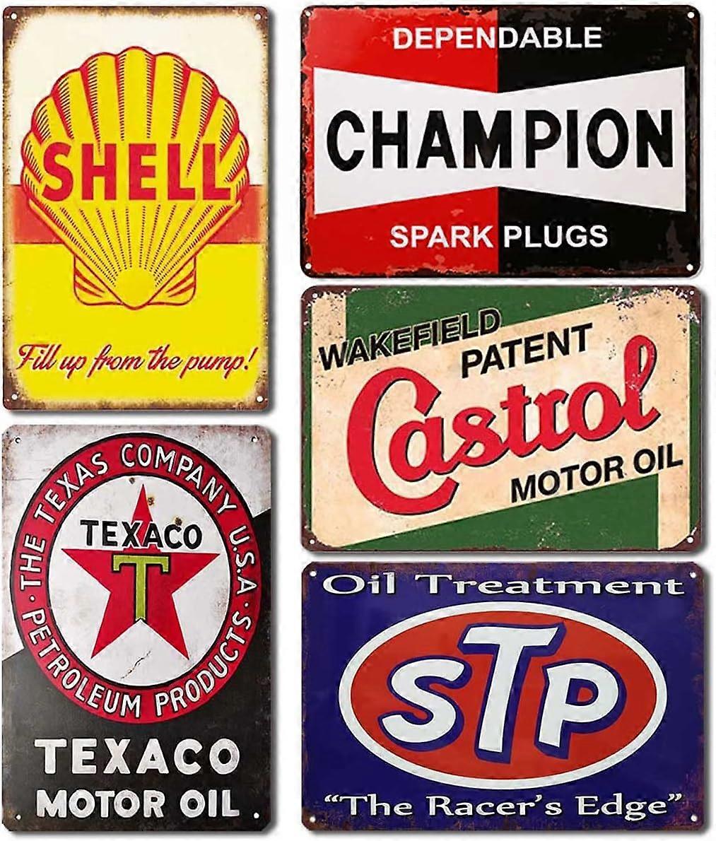 レトロな錫の看板ガスモーターオイルの看板5PCSビンテージメタル看板ガレージマン洞窟店バーパブの装飾12x8インチ