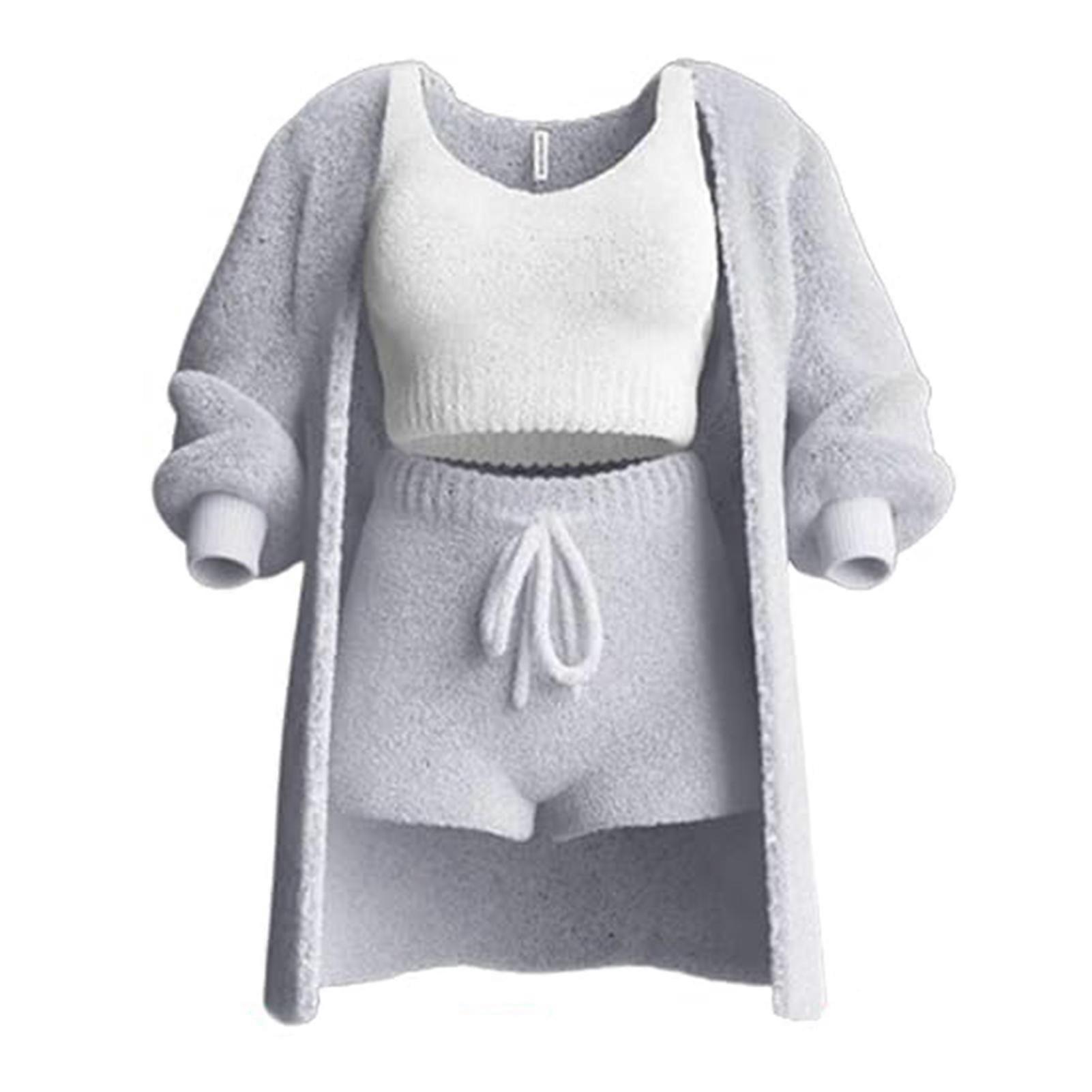 Kvinnors mysiga plysch pyjamas 3-delat set Snygga mjuka lösa sömnkläder för sovrum inomhus