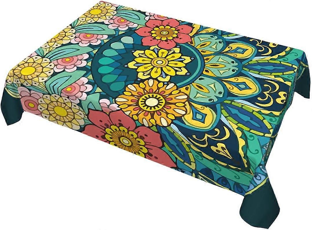 Decorative Rectangle Table Cloths Boho Colorful Flowers Abstract Lotus Mandala Tablecloth Table Cover for Dining/BBQ/Picnic/Coffee Table 52 X 70 Inche