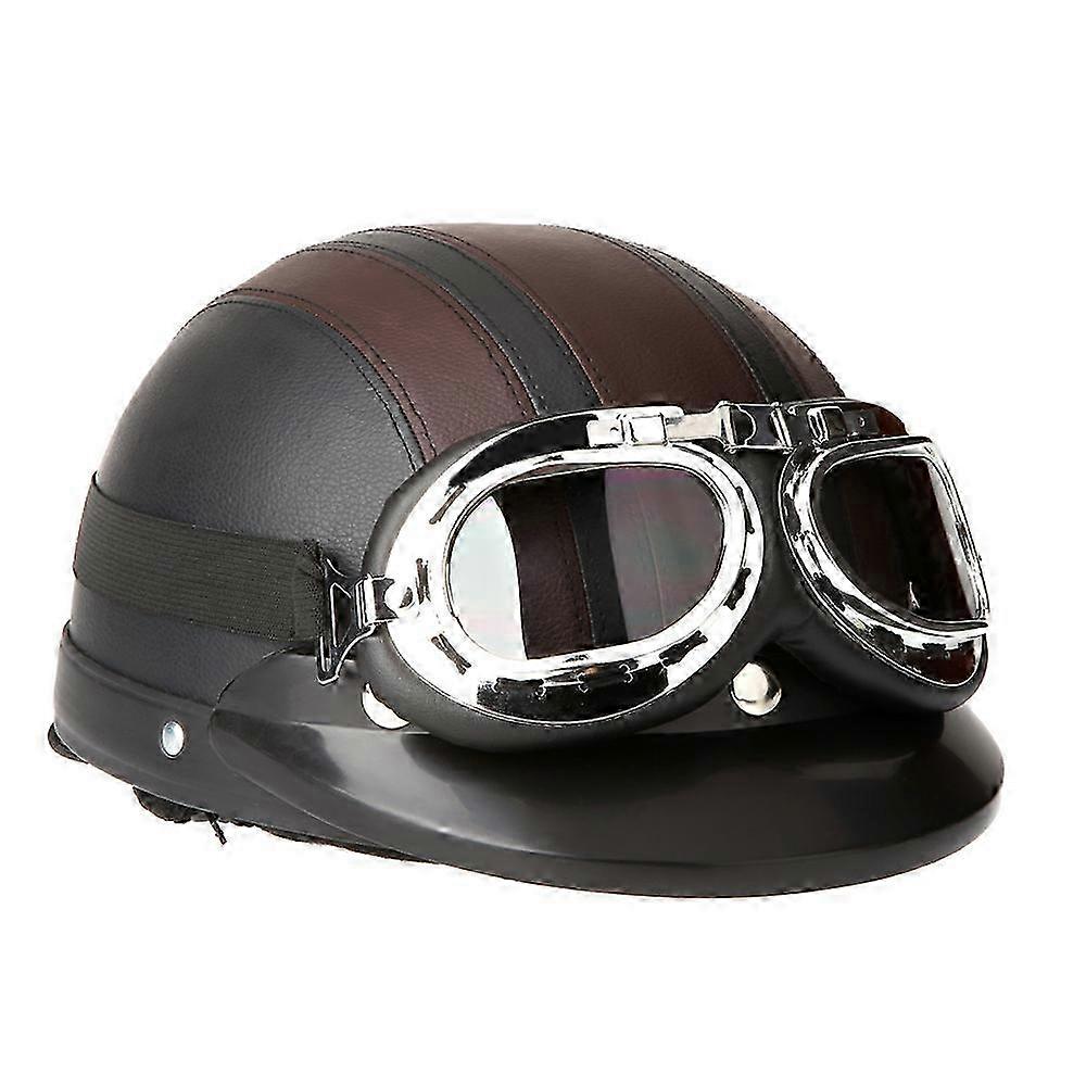 Motorcycle Scooter Open Face Half Leather Helmet with Visor UV Goggles Retro Vintage Style 54-60cm