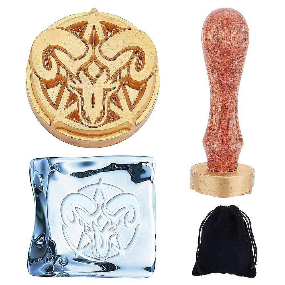 1Pc Golden Tone Brass Stamp Head with 1Pc Rectangle Velvet Pouches and 1Pc Pear Wood Handle for Wax Seal Stamp Goat Pattern Brass Stamp Head: 30x12mm