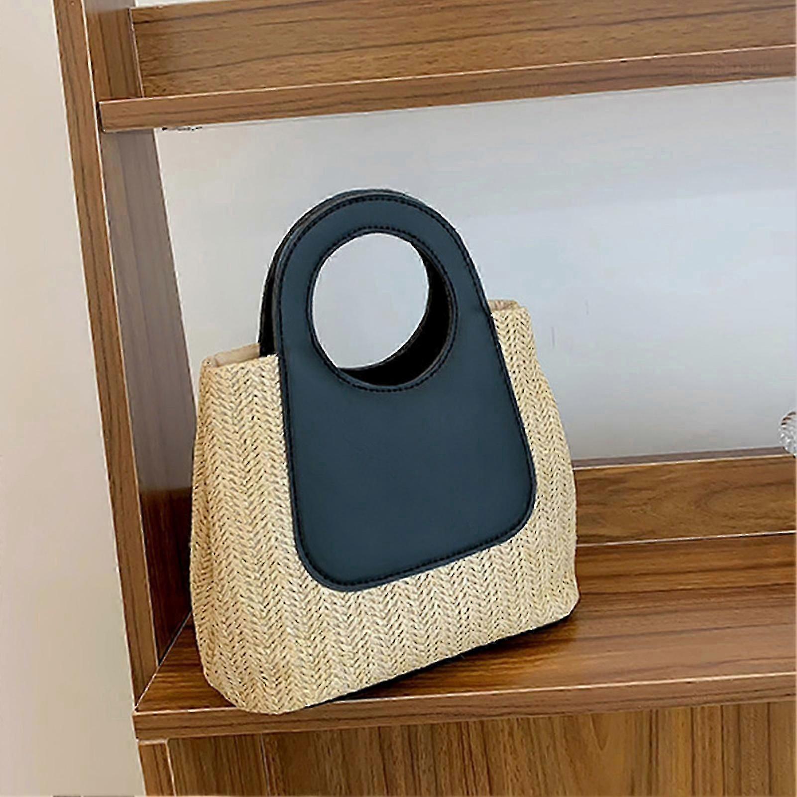 Khaki Free Size Woven Bag Color Blocking Fashionable Compact Exquisite Ample Capacity Handbag For Travel Shopping Beachnew7