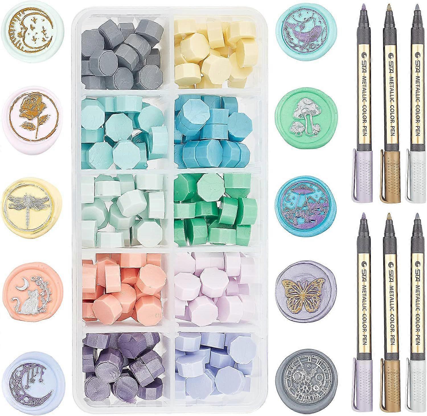 10 Colors Sealing Wax Beads Packed in 10 Compartment Box 250pcs Wax Seal Beads,6pcs 3 Colors Marker Pens for Wax Seal Stamp Sealing Halloween Wedding
