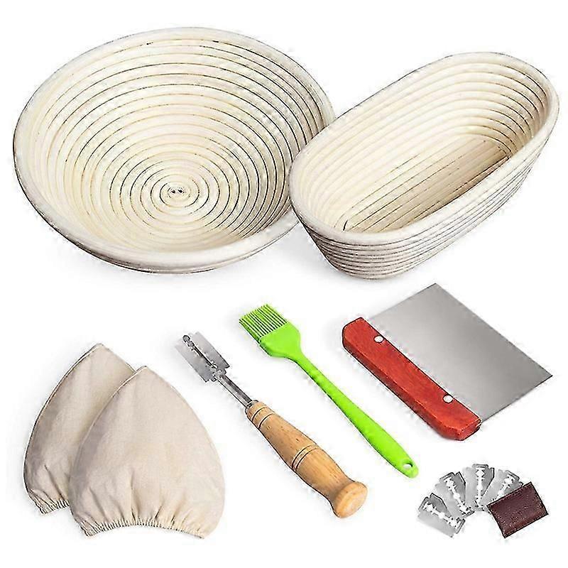 Bread Banneton Proofing Basket Set of 2, 9 Inch Round & 10 Inch Oval Cane Sourdough Baskets with Ac-Good