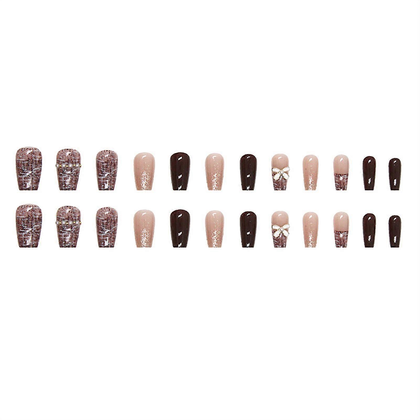 Pearl Bow Setting Coffee False Manicure Chip-proof Smudge-proof Fake Nails  Glue Models
