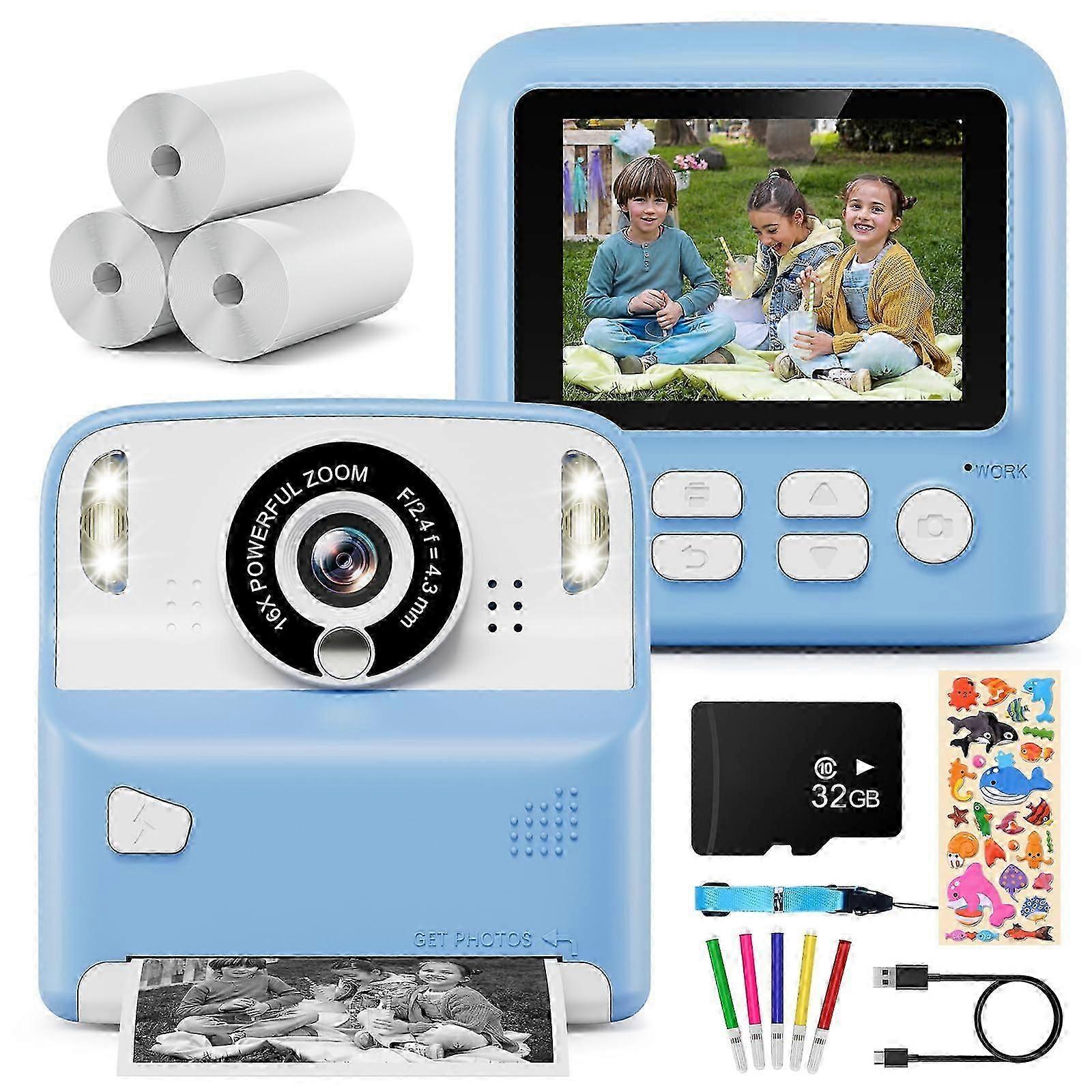 Kids Camera Instant Print,1080p Instant Camera, 2.4" Screen Children's Camera With 32gb Card 3 Rolls Print Paper