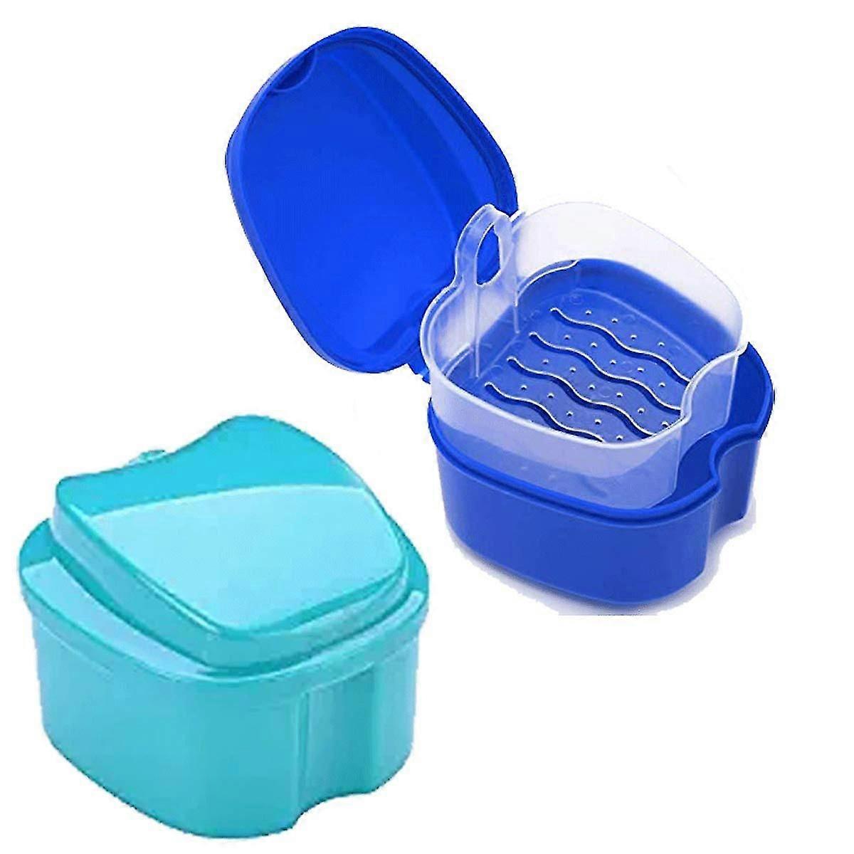 2 Pcs Denture Bath Case With Strainer Basket False Teeth Storage Box Holderretainer Cleaning Box(light Blue And Blue)
