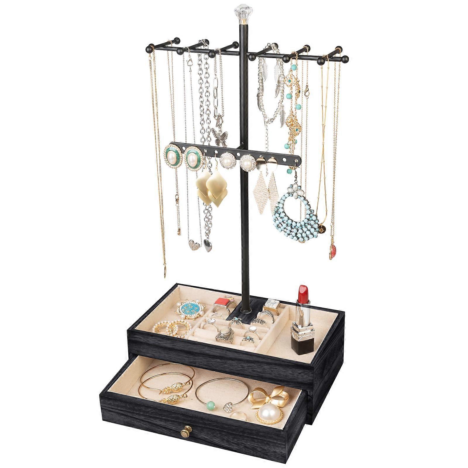 3-Tier Jewelry Organizer Stand with Wooden Drawer, Adjustable Design, Space-Saving, Rustic Style, Easy Access Storage