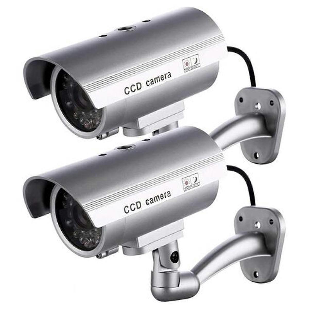 Security Upgrade, Realistic Simulated Leds Dummy Camera With Easy Installation, Weatherproof Design, Adjustable Mounting Bracket, 2 Pack, Silver