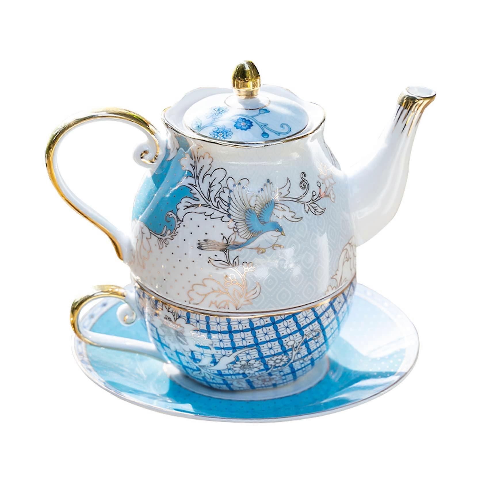 Bone China Teapot and Cup Set for Women Tea Drinking Light Blue