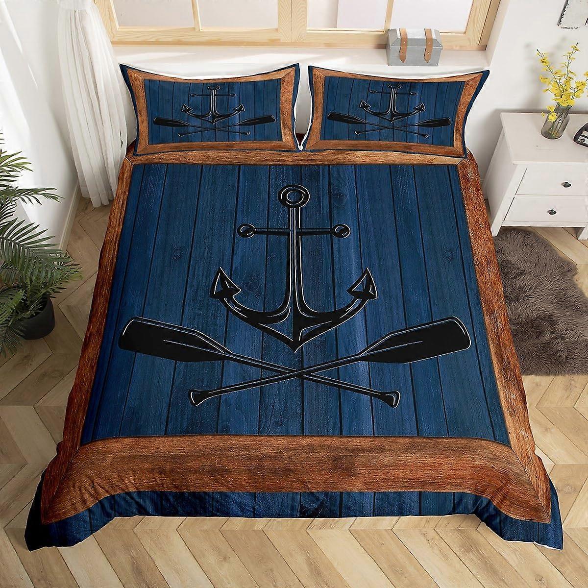 Lake Life Bedding Set King Size, Nautical Anchor Paddle Print Comforter Cover, Navy Blue Rustic Plaid Microfiber Duvet with 2 Pillowcases