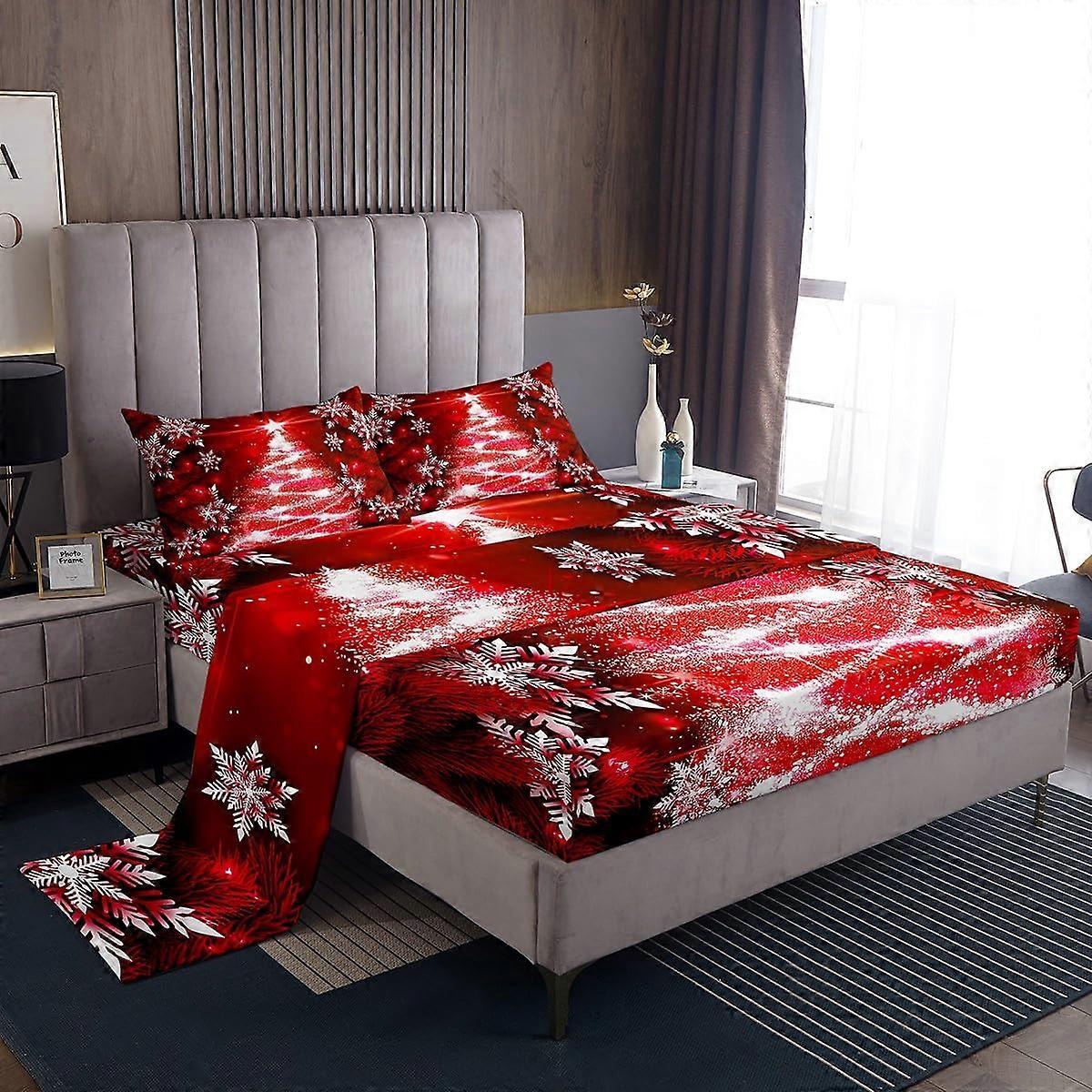 1 Set Super Soft Microfiber Glitter Xmas Snowflake Bed Sheet Set for Christmas Queen Size