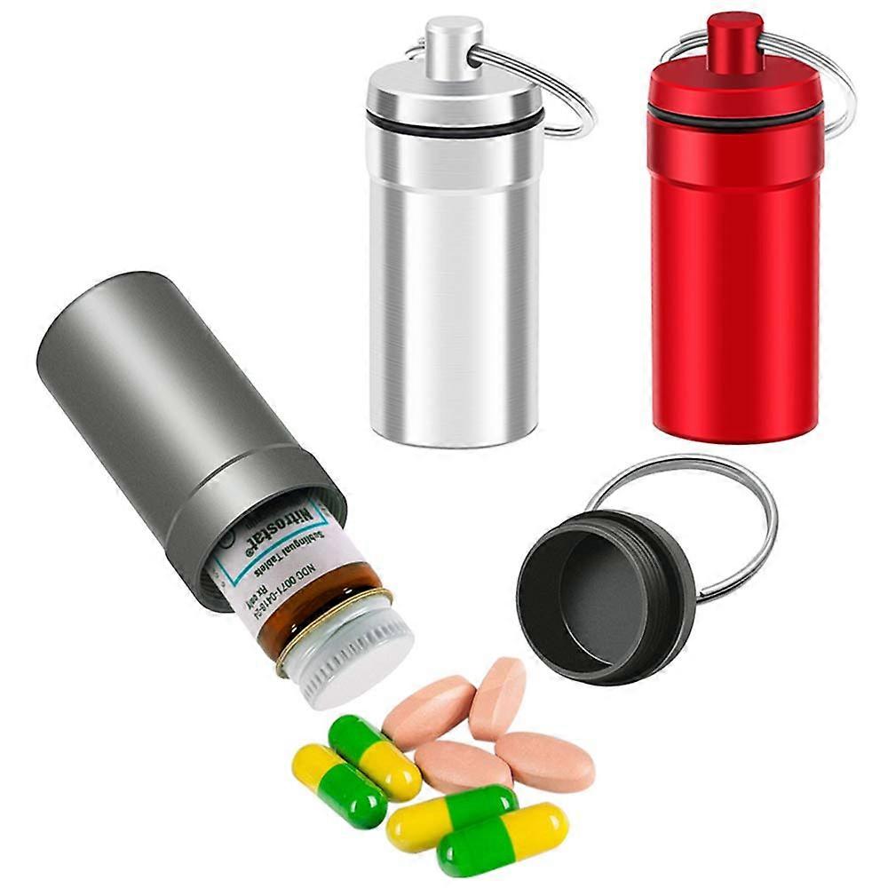 3 Pack Waterproof Aluminum Pill Fob Container with Nitro Bottle Holder, Emergency Keychain Pill Organizer in Silver, Matte, Red