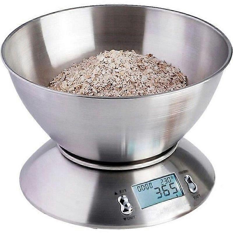 5kg1g Stainless Steel Kitchen Scale - with 215L Removable Bowl Large Backlit Display Tare Function - Silver