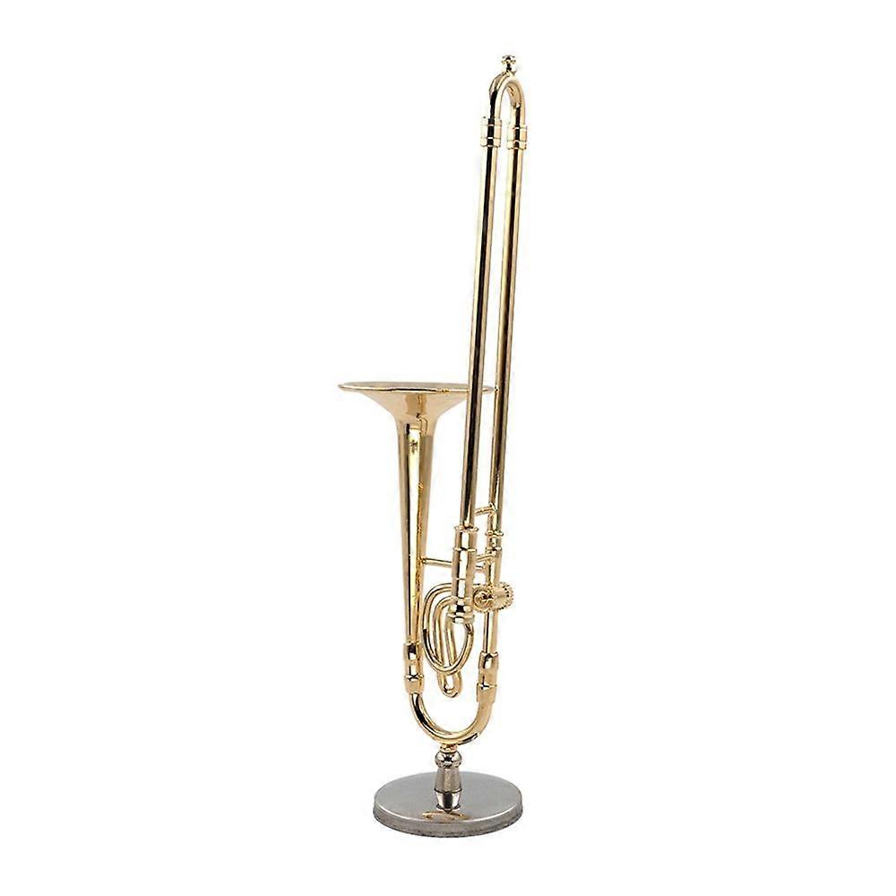 12cm Miniature Pure Copper Trombone Model with Support Mini Musical Instrument Model with Black Leather Box