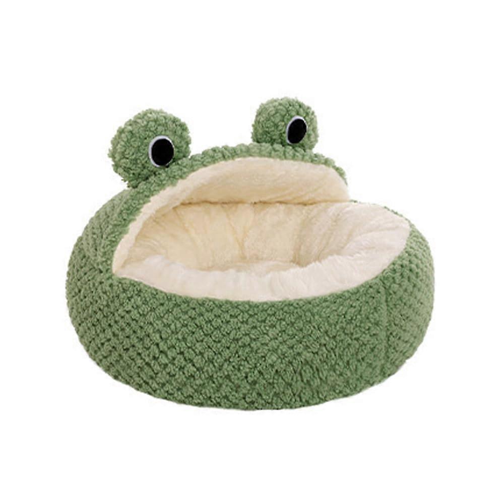 Cute Frog Hooded Cat Bed with NonSlip Bottom, Covered Round Fluffy Cave Frogs Green, SemiClosed Pet Mat for Cats and Small Dogs