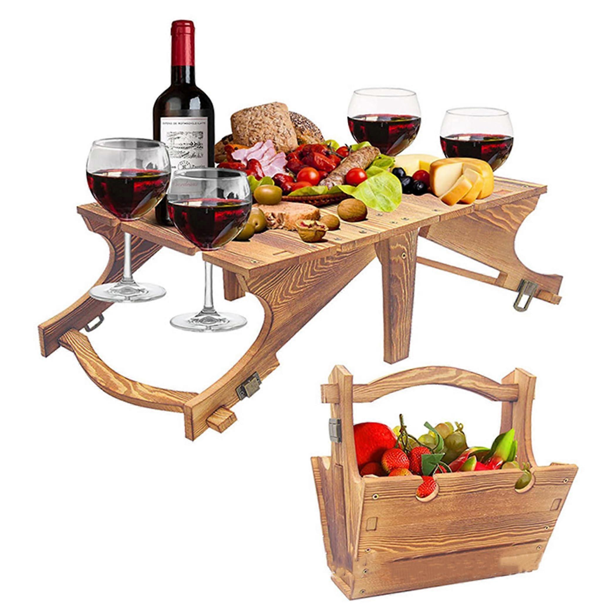 Picnic Table Wooden Folding 2in1 Basket Table with Holder 11.8x9.1x5.9 Inches