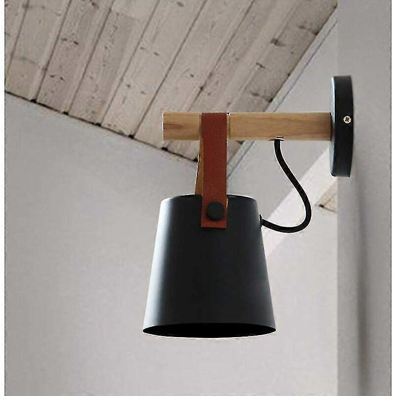 Modern E27 Wall Lamp in Metal Style with Iron and Wood Belt - Creative Nordic Pendant Lighting Fixture (Black) Suitable for Various Brands