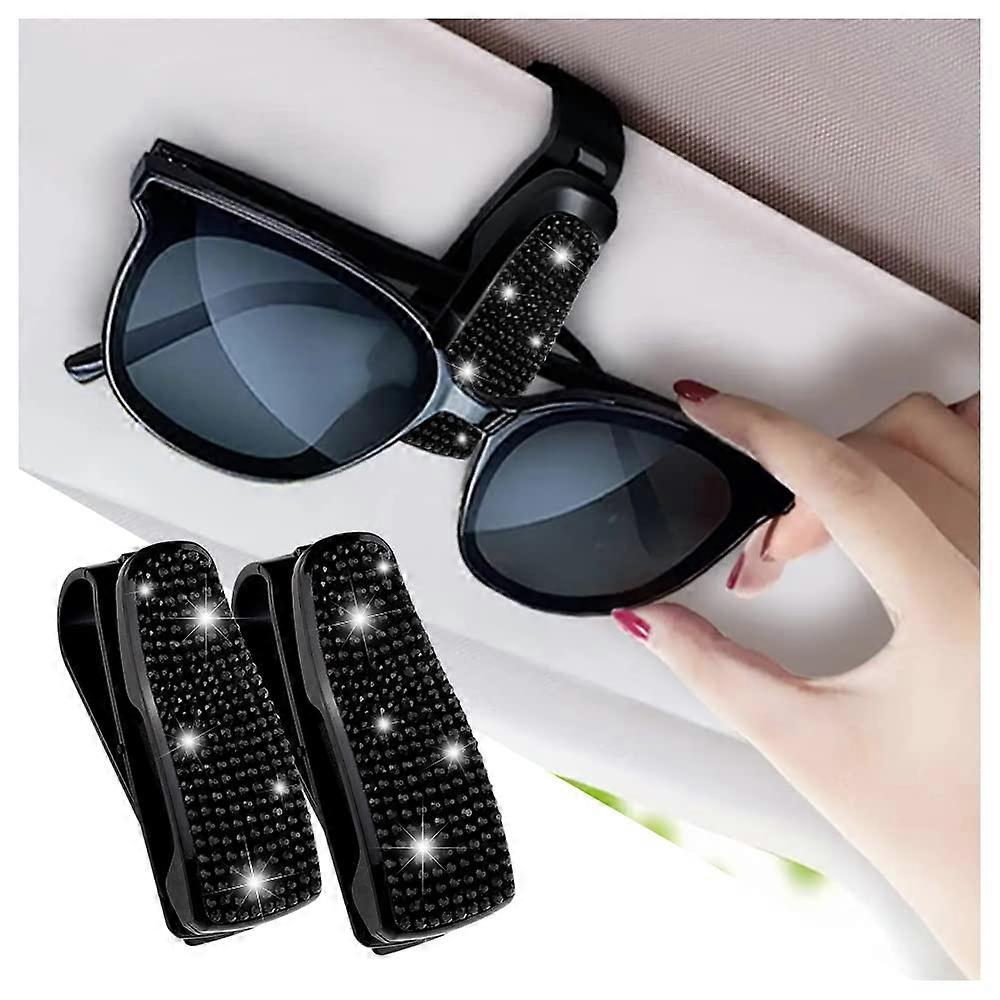 Bling Rhinestone Car Sun Visor Glasses Holder Set of 2 with Anti-Scratch Sponge, Ticket Clip, Black Universal Organizer
