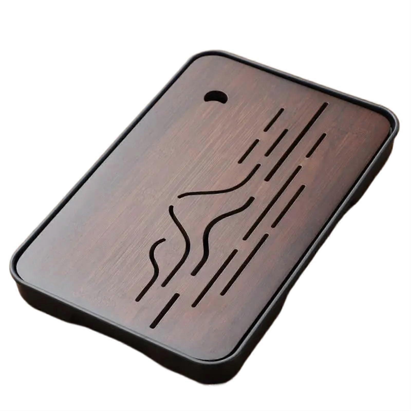 Wooden Tea Tray for Office and Home, Small Drainage Serving Platter, Rectangular, 36x24x3.5cm, Black and Brown Options