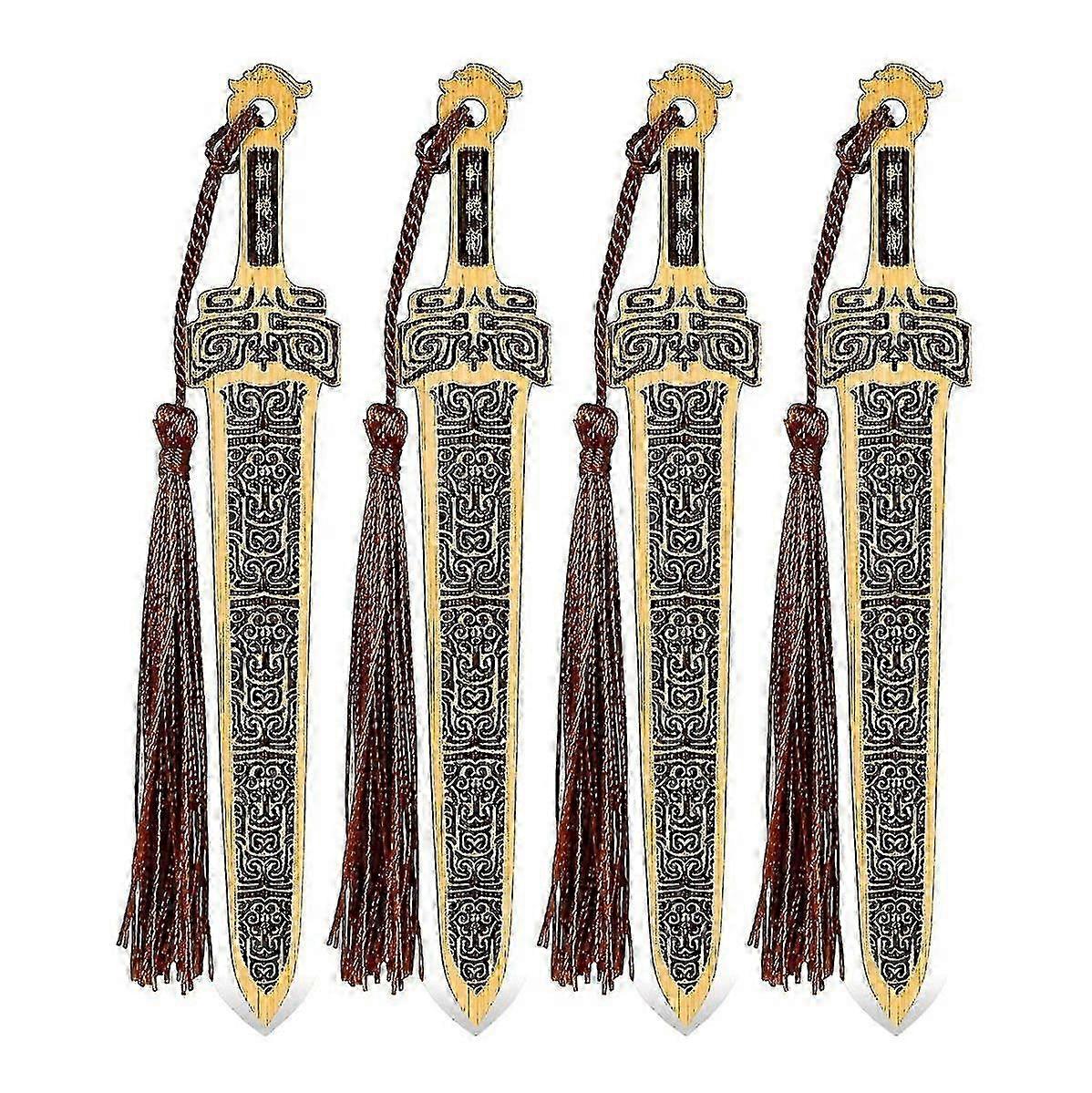 4 Pcs Bamboo Bookmarks With Tassels Retro Sword Bookmark DIY Craft Gift For Reading Enthusiasts