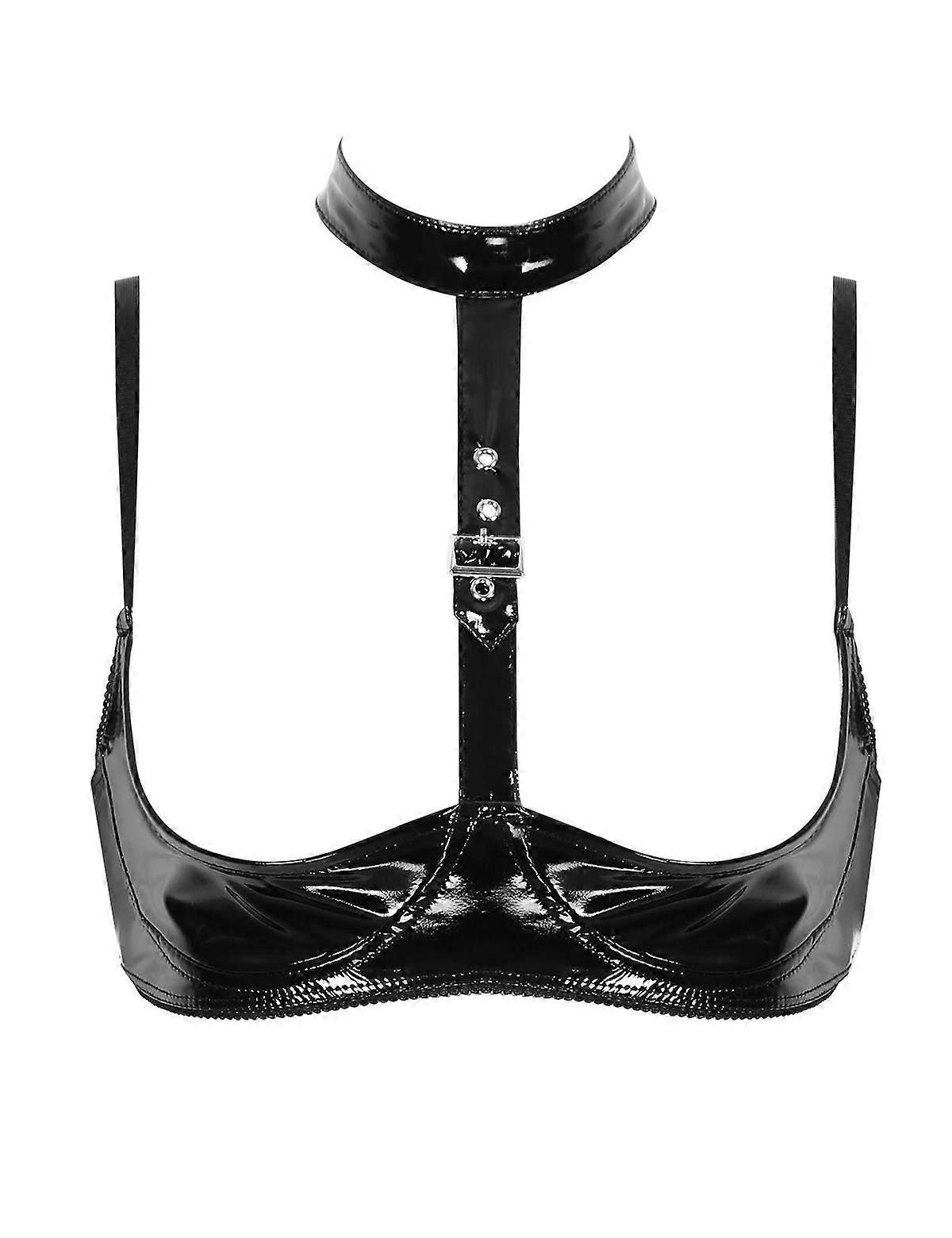 Women's Varnished Leather Push Up Bra with Adjustable Straps, Bust Lifting Halter Neck Undershirt in Shiny Black, Size S